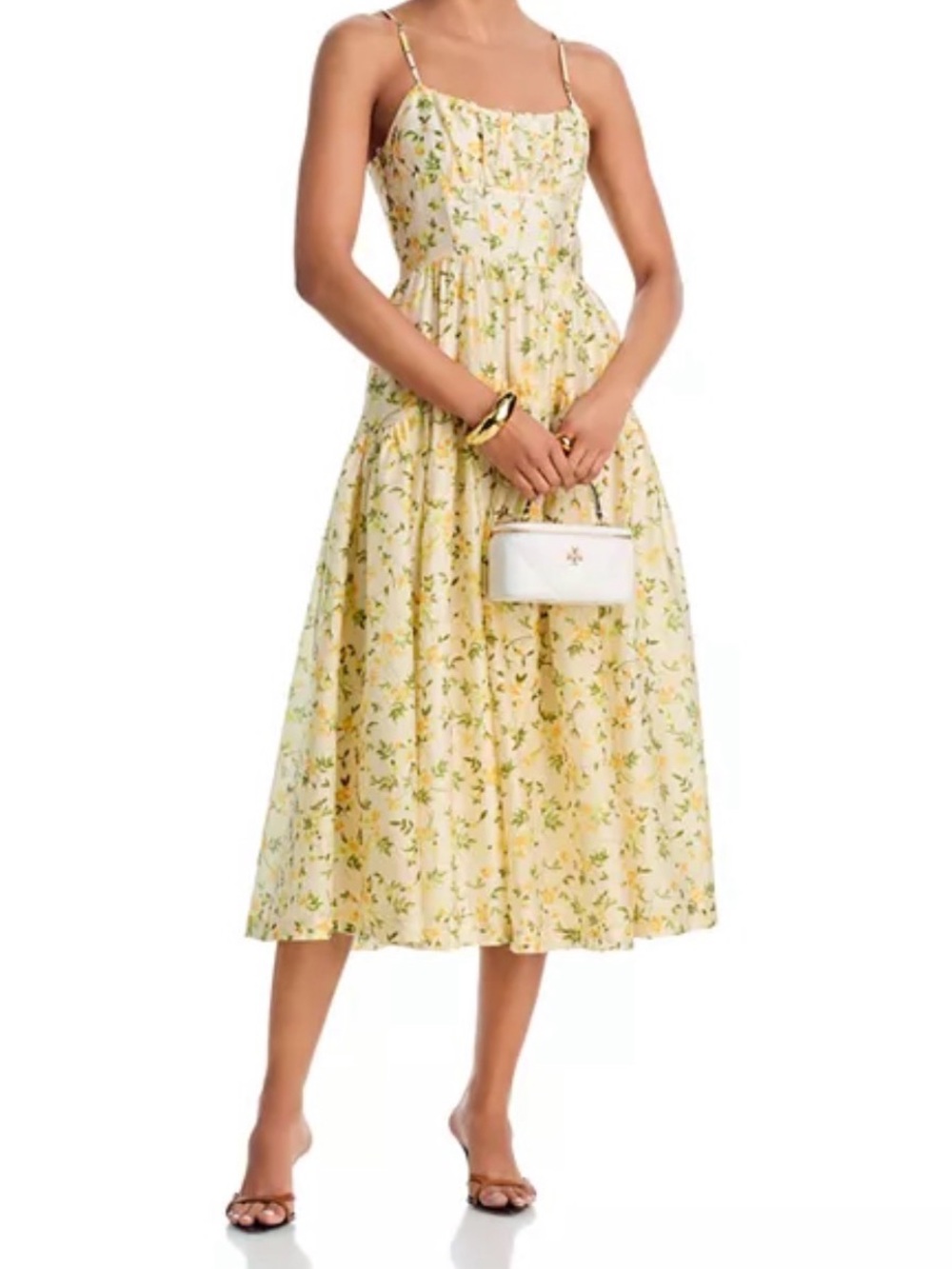 Bloomingdales Aqua Yellow Floral Midi Dress with Spaghetti Straps